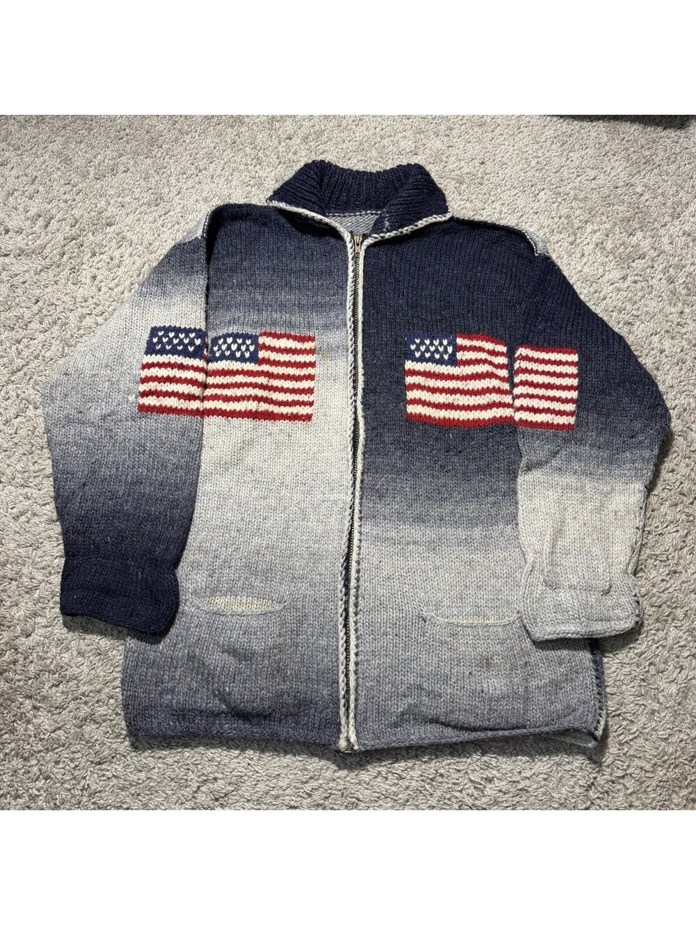 Vtg Wool Hand Knit Cardigan Sweater American Flag USA Full Zip Adult Size Medium